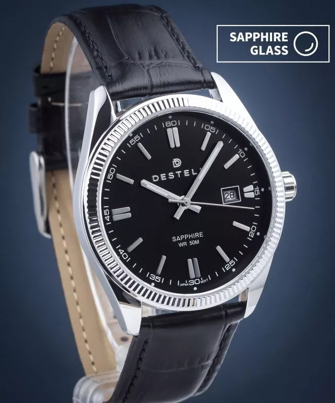 Ρολόι Ανδρικά DESTELL Loup Black Silver Leather Sapphire LU3855-15-201L