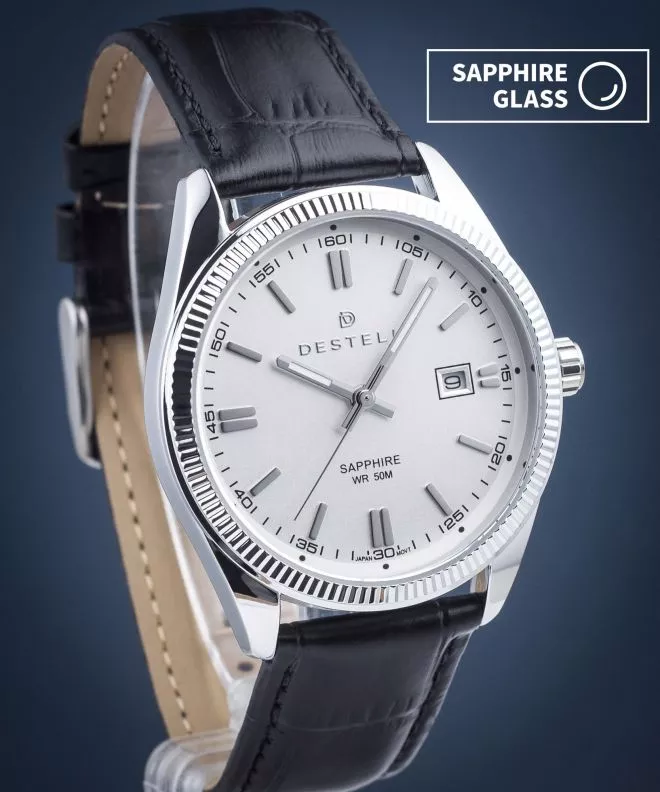 Ρολόι Ανδρικά DESTELL Loup White Silver Black Leather Sapphire LU3855-25-201L