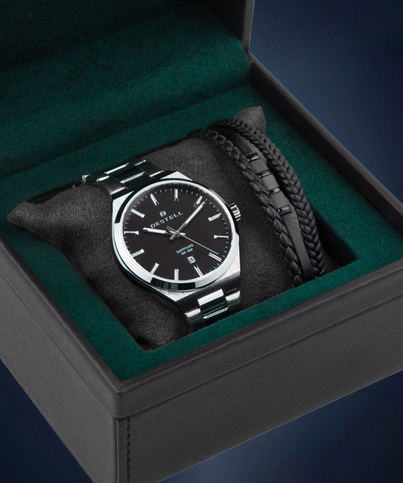 Ρολόι Ανδρικά DESTELL Aries Black Silver Steel Sapphire Gift Set